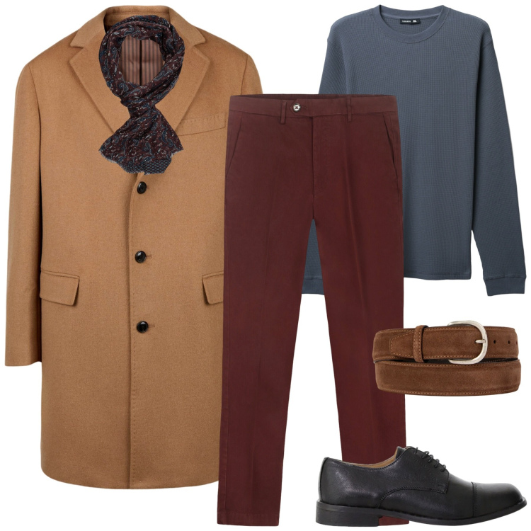 Outfit uomo - Autunno in città. Stile Business/Elegante per Tutti i giorni. Abbinamento con maglieria, scarpe stringate, cinture, cappotti, sciarpe, pantaloni chino.