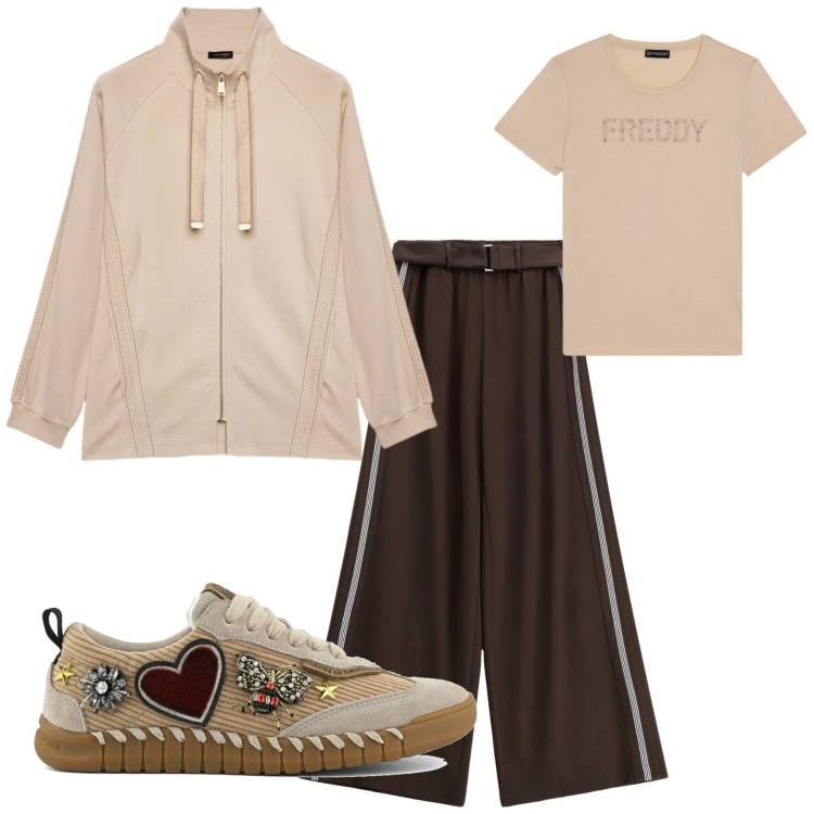 Outfit donna - Total look #2251801. Stile Casual per Sport. Abbinamento con pantaloni a palazzo, t-shirt, sneakers, felpe.