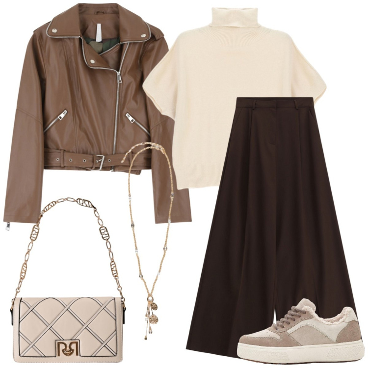 Outfit donna - Total look #2251825. Stile Casual chic per Tutti i giorni. Abbinamento con sneakers, borse a tracolla, giacche, maglieria, pantaloni a palazzo, ciondoli.
