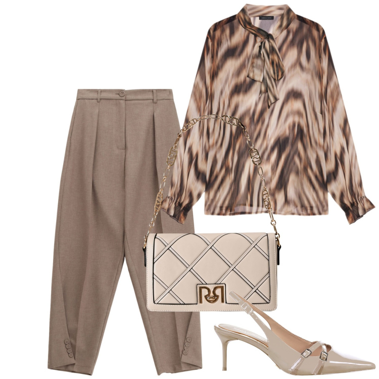 Outfit donna - Mite autunno. Stile Glamour per Ufficio. Abbinamento con borse a tracolla, décolleté, pantaloni, bluse.