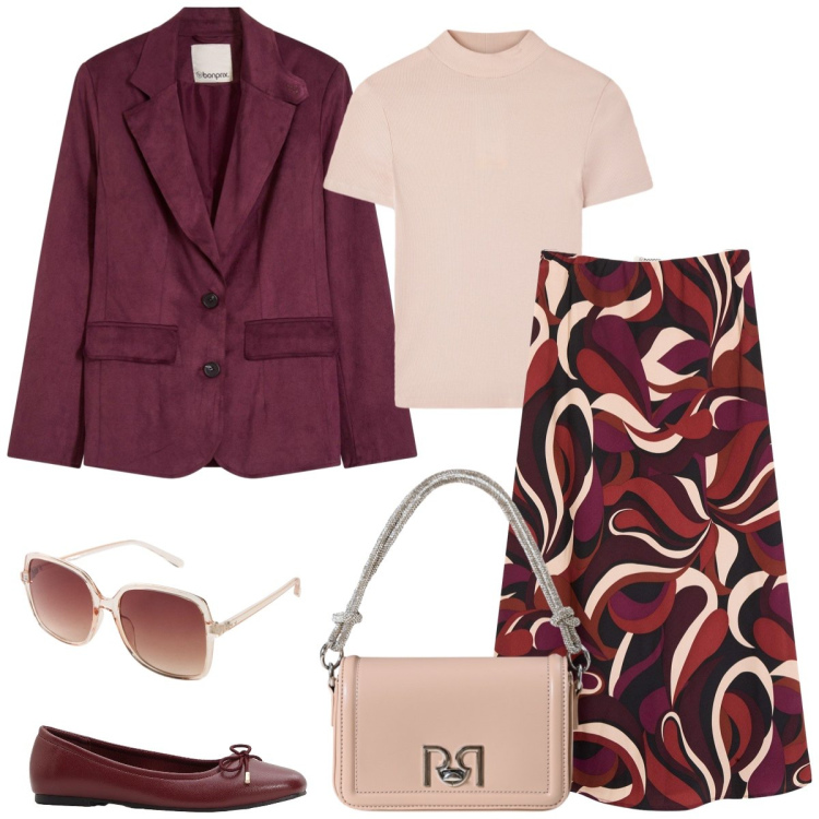 Outfit donna - Total look #2251829. Stile Romantica per Tutti i giorni. Abbinamento con occhiali da sole, ballerine, blazer, gonne longuette, t-shirt, borse a mano.