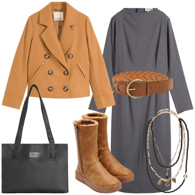 Outfit donna - Total look #2251834. Stile Casual chic per Tutti i giorni. Abbinamento con vestiti midi/longuette, stivali, caban, cinture, shopping bag, collane.