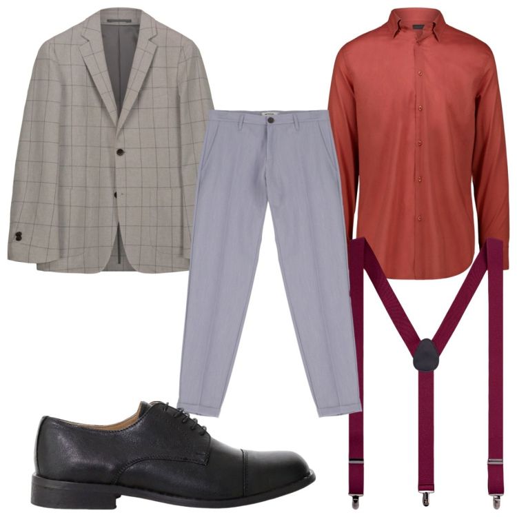 Outfit uomo - Tonalità ruggine per sentirsi trendy. Stile Trendy per Tutti i giorni. Abbinamento con pantaloni, scarpe stringate, bretelle, giacche, camicie.