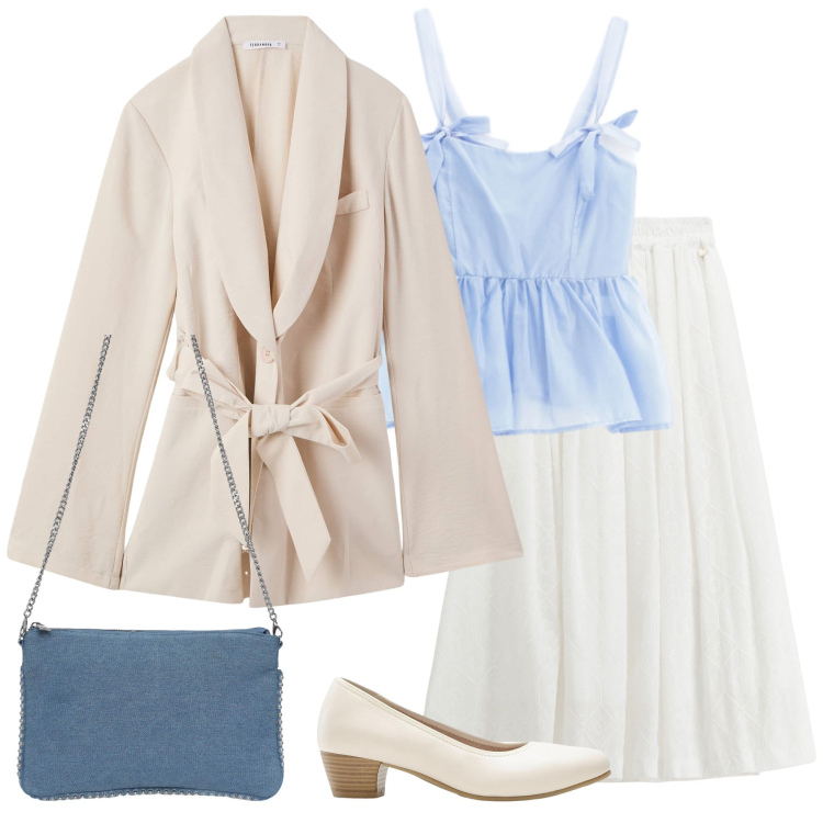 Outfit donna - Total look #2251849. Stile Romantica per Tutti i giorni. Abbinamento con décolleté, borse a tracolla, blazer, top, gonne lunghe.