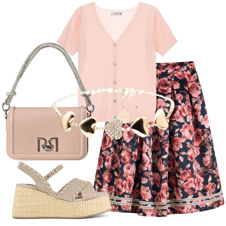 Outfit donna - Total look #2251870. Stile Romantica per Tutti i giorni. Abbinamento con gonne, borse a mano, cardigans, braccialetti, zeppe.