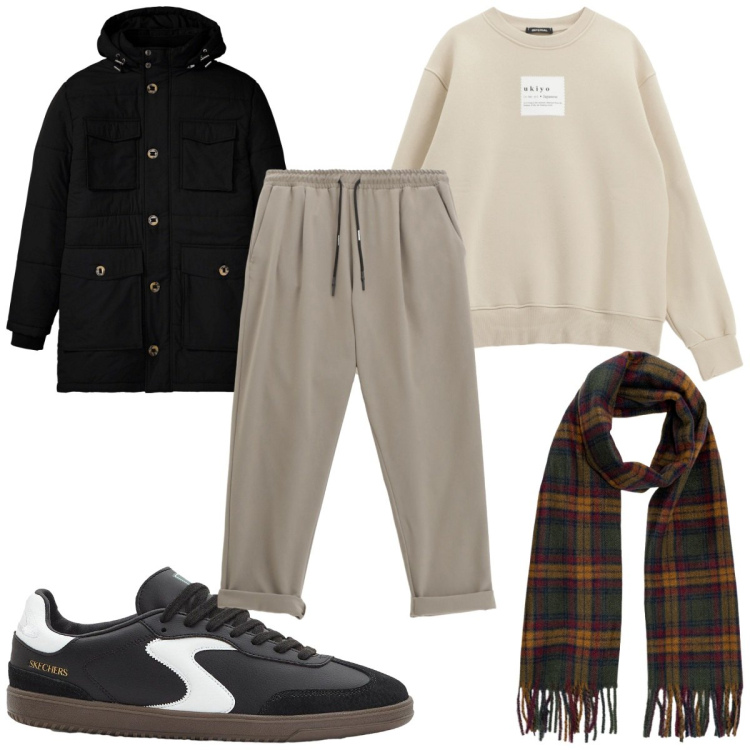 Outfit uomo - Athleisure a settembre. Stile Trendy per Tutti i giorni. Abbinamento con parka, sneakers, felpe, pantaloni, sciarpe.