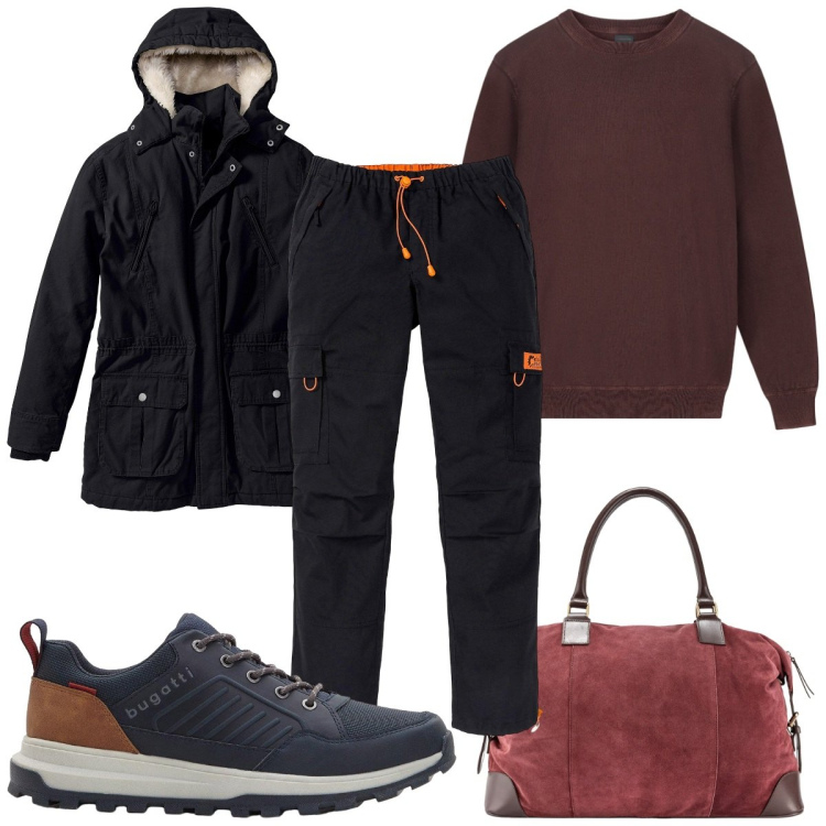 Outfit uomo - Athleisure da viaggio con la borsa. Stile Trendy per Tutti i giorni. Abbinamento con parka, pantaloni, sneakers, maglieria, borse sportive.
