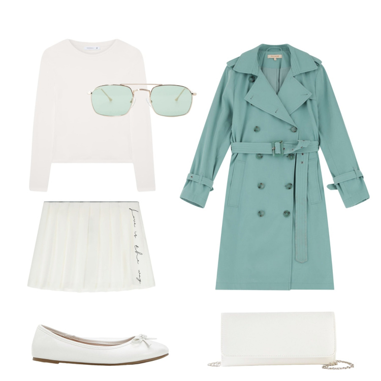 Outfit donna - Domenica senza pensieri. Stile Casual per Tutti i giorni. Abbinamento con ballerine, pochette, t-shirt, trench, occhiali da sole, minigonne.