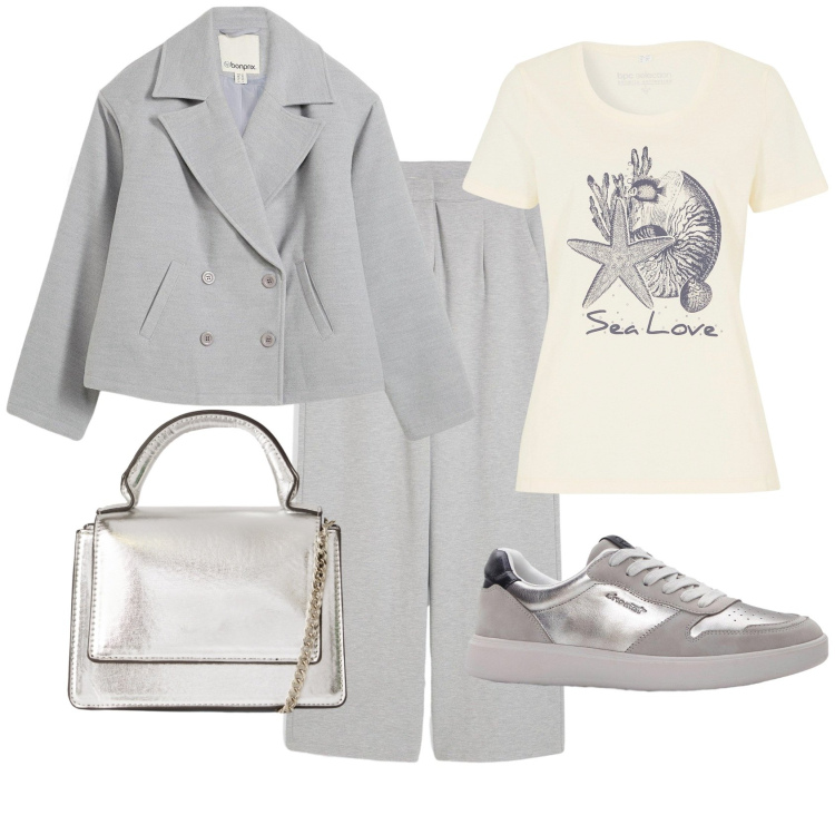 Outfit donna - Grigio funny. Stile Casual per Tutti i giorni. Abbinamento con t-shirt, caban, pantaloni, sneakers, borse a tracolla.