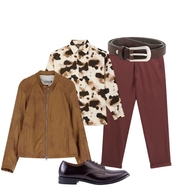 Outfit uomo - Pantalone ruggine per il brunch. Stile Trendy per Tutti i giorni. Abbinamento con camicie, cinture, giacche, pantaloni, scarpe stringate.