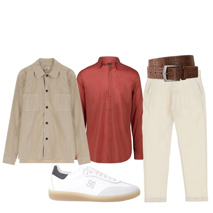 Outfit uomo - Tocco color ruggine. Stile Trendy per Tutti i giorni. Abbinamento con cinture, giacche, sneakers, pantaloni, camicie.