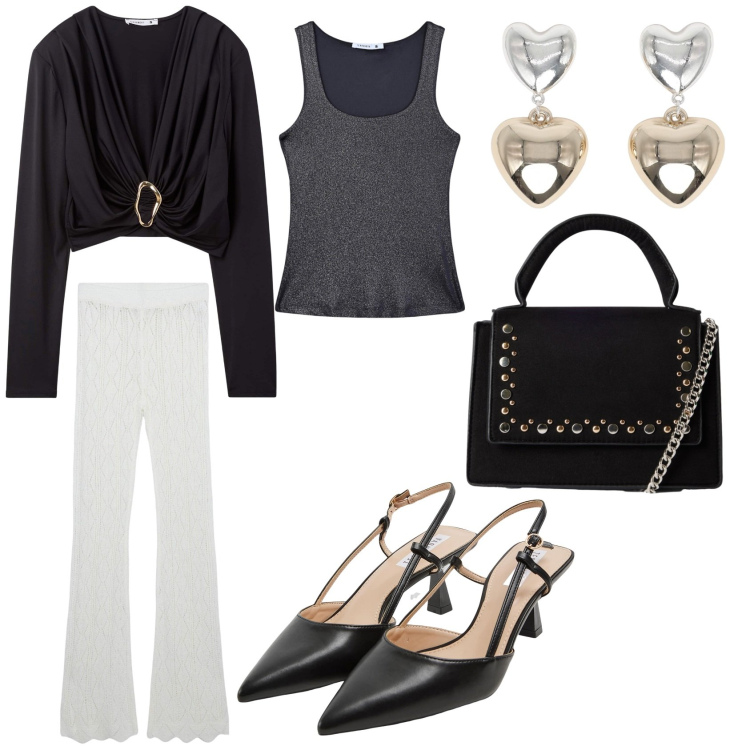 Outfit donna - Stile Terranova. Stile Chic per Serata fuori. Abbinamento con top, sabot, orecchini, maglieria, pantaloni, borse a tracolla.