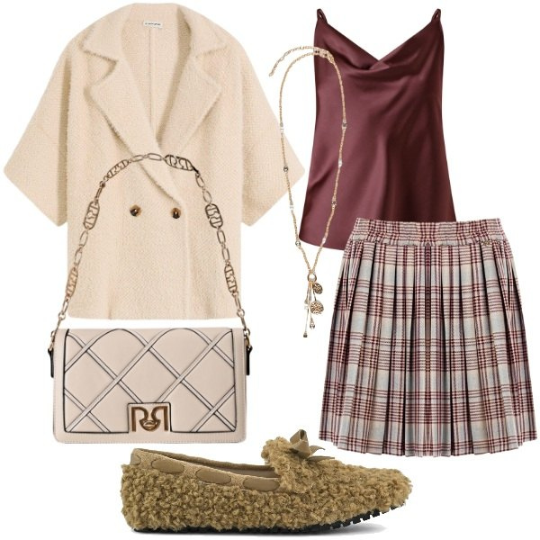 Outfit donna - Abbraccio d\'Autunno Gonna e mocassini. Stile Casual chic per Tutti i giorni. Abbinamento con cardigans, canottiere, borse a tracolla, minigonne, ciondoli, mocassini.