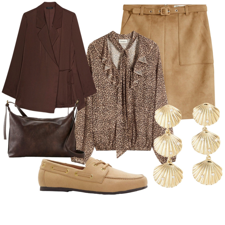 Outfit donna - Marrone autunno. Stile Glamour per Tutti i giorni. Abbinamento con camicie, gonne, mocassini, borse a tracolla, orecchini, blazer.