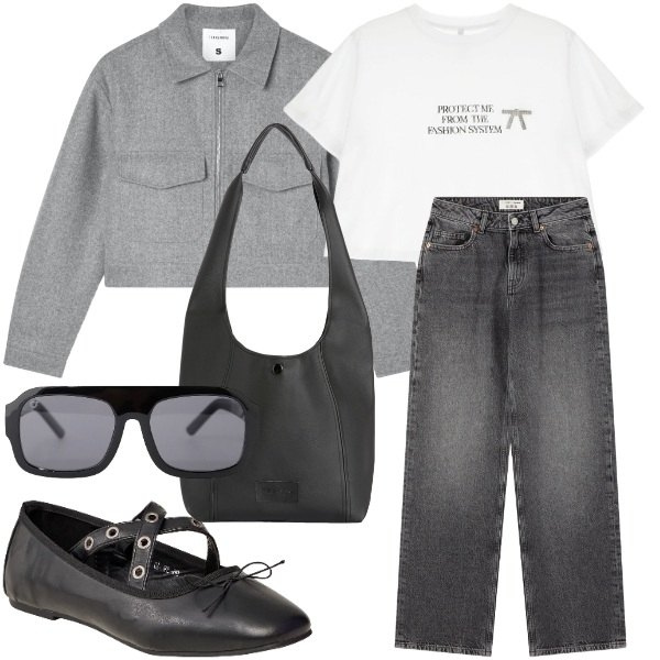 Outfit donna - Grigio Metropolitano. Stile Casual chic per Tutti i giorni. Abbinamento con ballerine, blazer, jeans, t-shirt, occhiali da sole, borse a spalla.