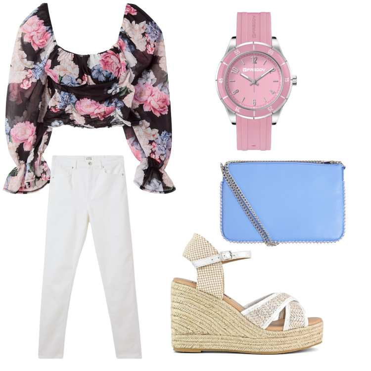 Outfit donna - La Blusa romantica. Stile Casual chic per Tutti i giorni. Abbinamento con pantaloni skinny, bluse, borse a tracolla, orologi, zeppe.