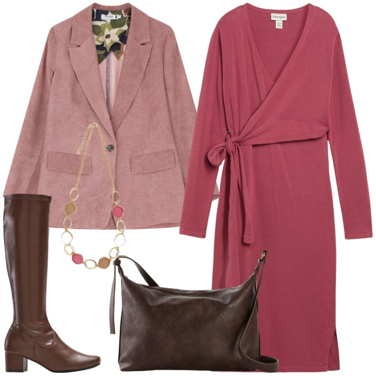 Outfit donna - In città. Stile Casual chic per Tutti i giorni. Abbinamento con vestiti, stivali, borse a tracolla, blazer, collane.