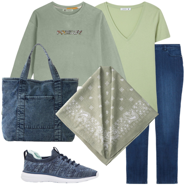 Outfit donna - Total look #2251949. Stile Casual per Tutti i giorni. Abbinamento con sneakers, shopping bag, t-shirt, felpe, foulard, jeans skinny.