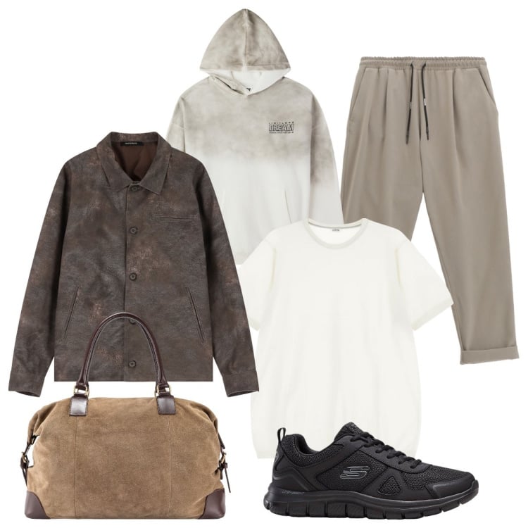 Outfit uomo - Athleisure per week-end fuori porta. Stile Casual per Tutti i giorni. Abbinamento con sneakers, felpe con cappuccio, t-shirt, giacche, pantaloni, borse sportive.