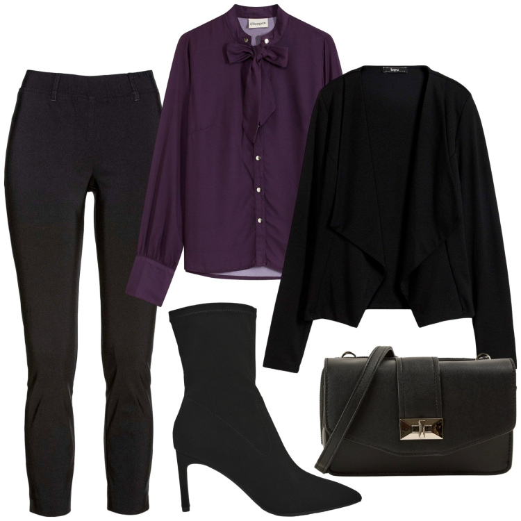 Outfit donna - Passeggiata in centro. Stile Sexy per Serata fuori. Abbinamento con blazer, pantaloni, camicie, borse a tracolla, stivali.