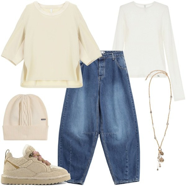 Outfit donna - Passeggiata in centro la domenica. Stile Urban per Tutti i giorni. Abbinamento con jeans, t-shirt, felpe, cappelli, sneakers alte, ciondoli.