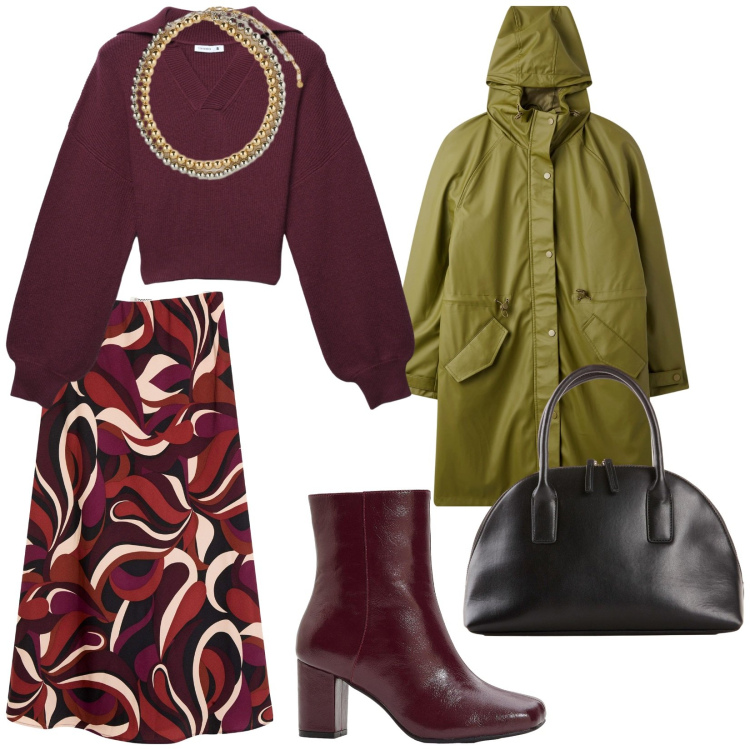 Outfit donna - Oggi piove. per Tutti i giorni. Abbinamento con stivaletti, shopping bag, gonne longuette, cappotti, maglieria, collane.