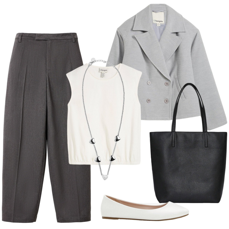 Outfit donna - Sofisticata in grigio. Stile Minimal per Tutti i giorni. Abbinamento con maglieria, ballerine, caban, pantaloni, borse tote, collane.