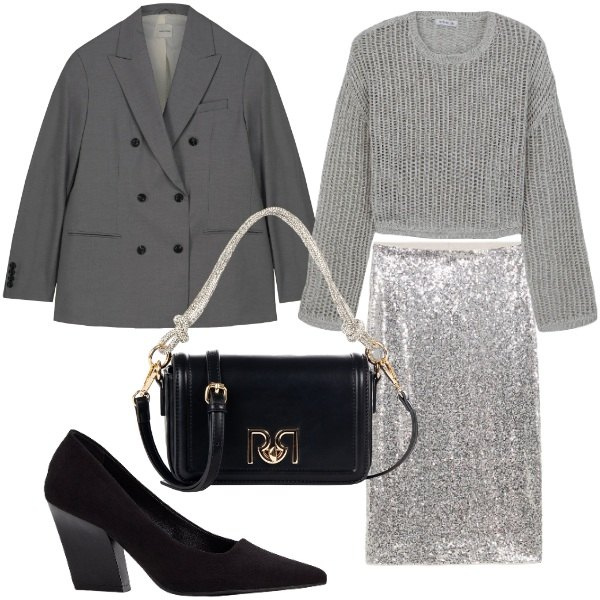 Outfit donna - Eleganza Grigia: Sobrietà e Luminosità. Stile Chic per Serata fuori. Abbinamento con décolleté, gonne, maglieria, borse a mano, blazer.