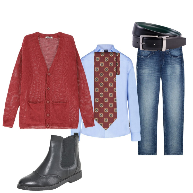 Outfit uomo - In ufficio. Stile Trendy per Ufficio. Abbinamento con jeans dritti, stivali e stivaletti, cardigans, camicie, cinture, cravatte.