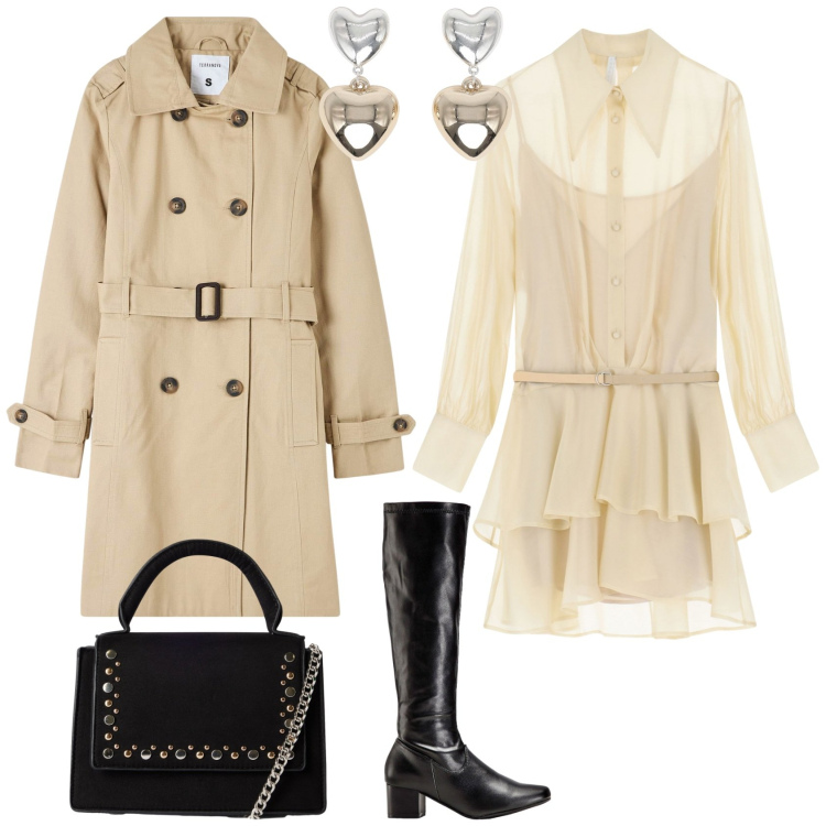 Outfit donna - Total look #2251980. Stile Casual chic per Tutti i giorni. Abbinamento con stivali, trench, borse a tracolla, orecchini, vestiti corti.