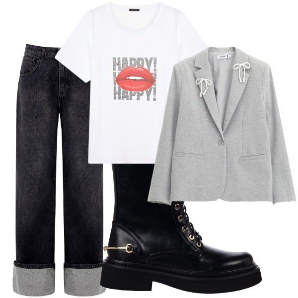 Outfit donna - lo shopping della domenica. Stile Casual per Tutti i giorni. Abbinamento con jeans, anfibi, blazer, t-shirt.
