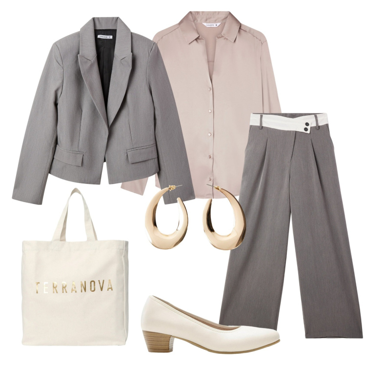 Outfit donna - Grigio che passione. Stile Chic per Ufficio. Abbinamento con décolleté, orecchini, pantaloni, blazer, borse tote, camicie.