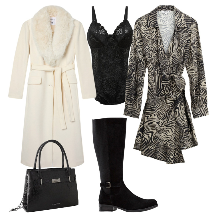 Outfit donna - Total look #2251984. Stile Glamour per Tutti i giorni. Abbinamento con body, stivali, borse a mano, cappotti, vestiti corti.