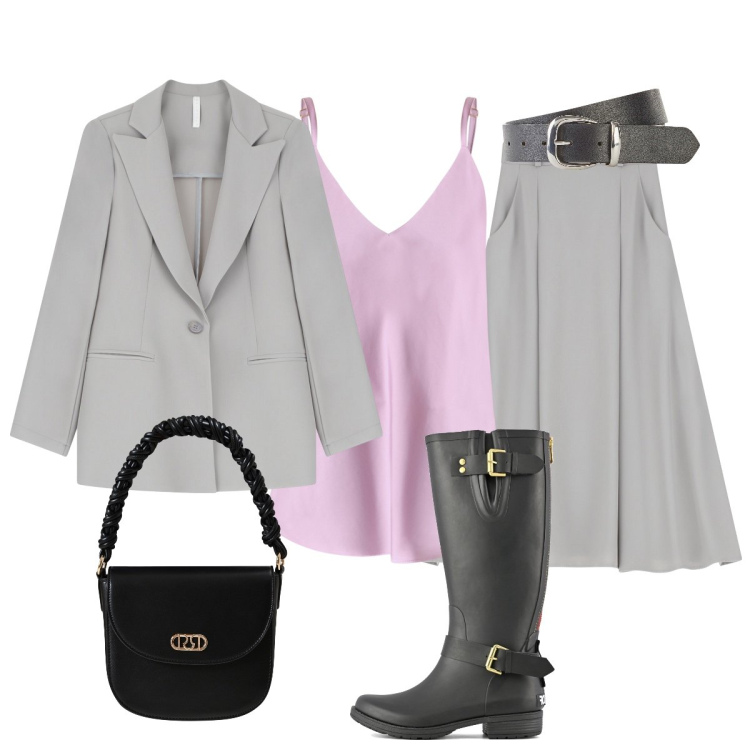 Outfit donna - Grigio perla. Stile Bon Ton per Tutti i giorni. Abbinamento con cinture, canottiere, borse a mano, gonne lunghe, blazer, stivali.