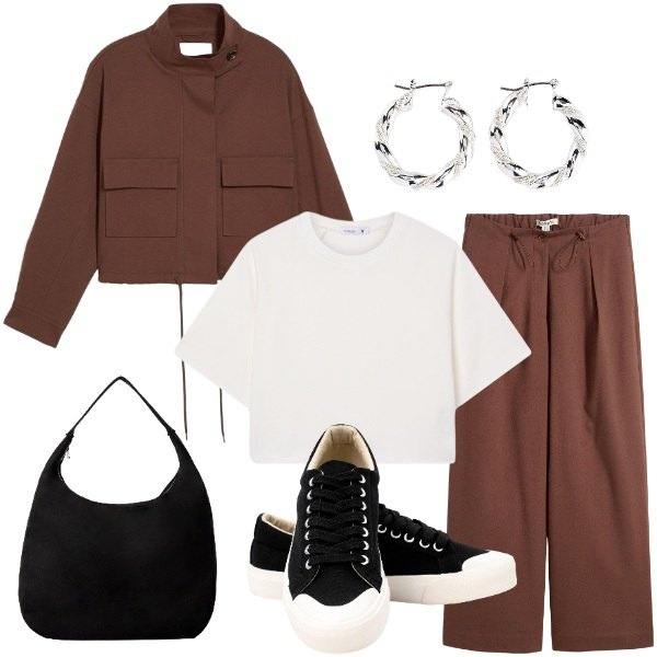 Outfit donna - Casual Chic in Toni Caldi. Stile Casual chic per Tutti i giorni. Abbinamento con blazer, pantaloni, orecchini, t-shirt, borse a mano, sneakers.