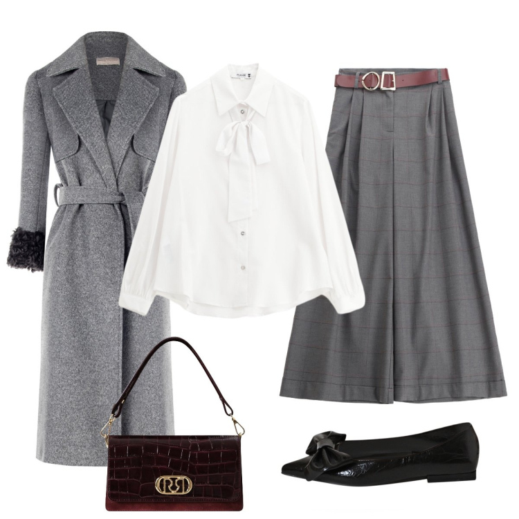 Outfit donna - Cerimonia in grigio. Stile Chic per Cerimonia. Abbinamento con cappotti, ballerine, borse a mano, camicie, pantaloni.
