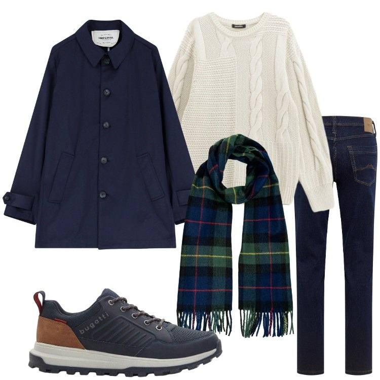 Outfit uomo - Trench destrutturato blu. Stile Trendy per Tutti i giorni. Abbinamento con jeans dritti, sneakers, maglieria, trench, sciarpe.