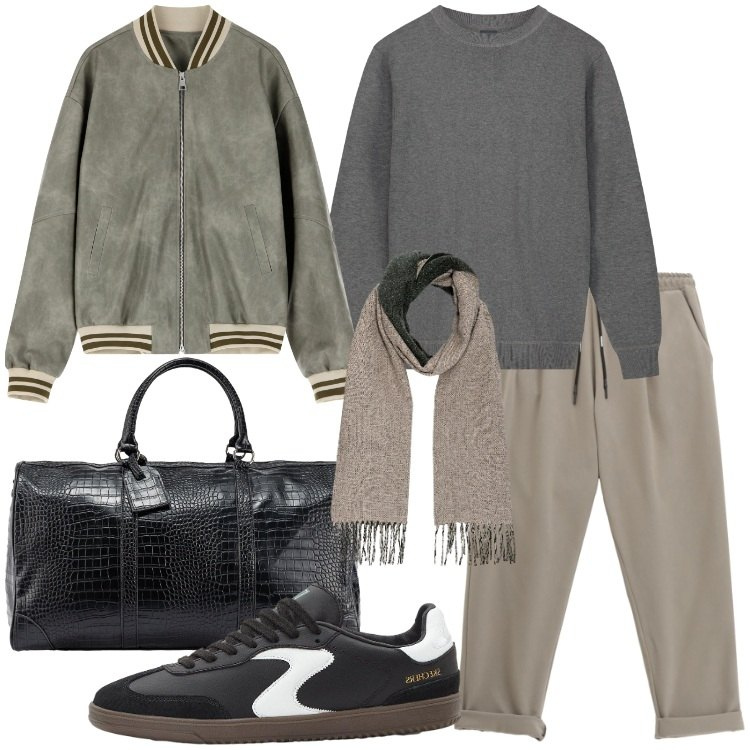 Outfit uomo - Athleisure da viaggio. Stile Trendy per Tutti i giorni. Abbinamento con sneakers, pantaloni, bomber, maglieria, sciarpe, borse sportive.
