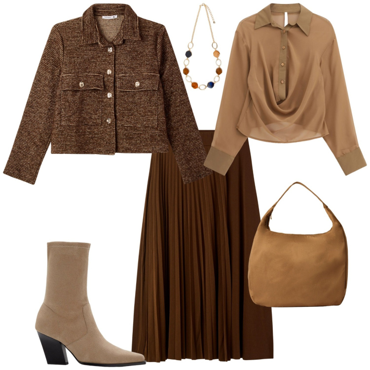 Outfit donna - Total look #2252000. Stile Casual chic per Tutti i giorni. Abbinamento con stivaletti, borse a mano, blazer, gonne lunghe, camicie, collane.