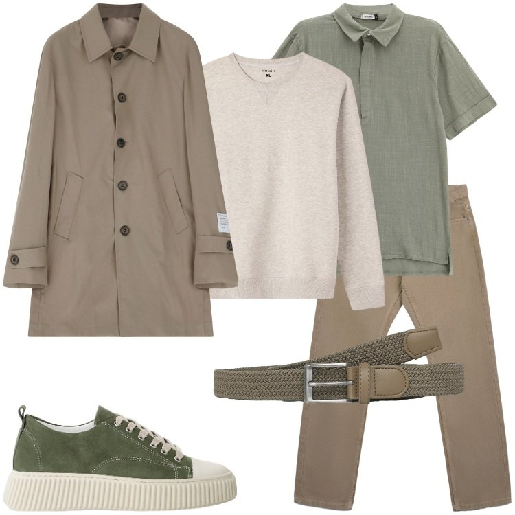 Outfit uomo - Trench destrutturato. Stile Trendy per Tutti i giorni. Abbinamento con cinture, jeans, felpe, trench, sneakers, polo.