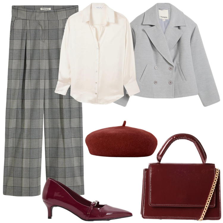 Outfit donna - Grigio in autunno. Stile Mannish per Tutti i giorni. Abbinamento con pantaloni, caban, décolleté, borse a tracolla, camicie, cappelli e berretti.
