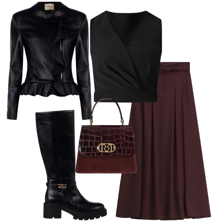 Outfit donna - Comode a passeggio. Stile Glamour per Tutti i giorni. Abbinamento con stivali sopra il ginocchio, top, blazer, borse a mano, gonne lunghe.