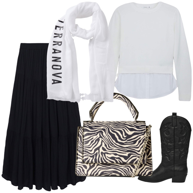 Outfit donna - Terranova Total Trend. Stile Urban per Tutti i giorni. Abbinamento con borse a tracolla, stivaletti texani, maglieria, gonne lunghe, foulard.