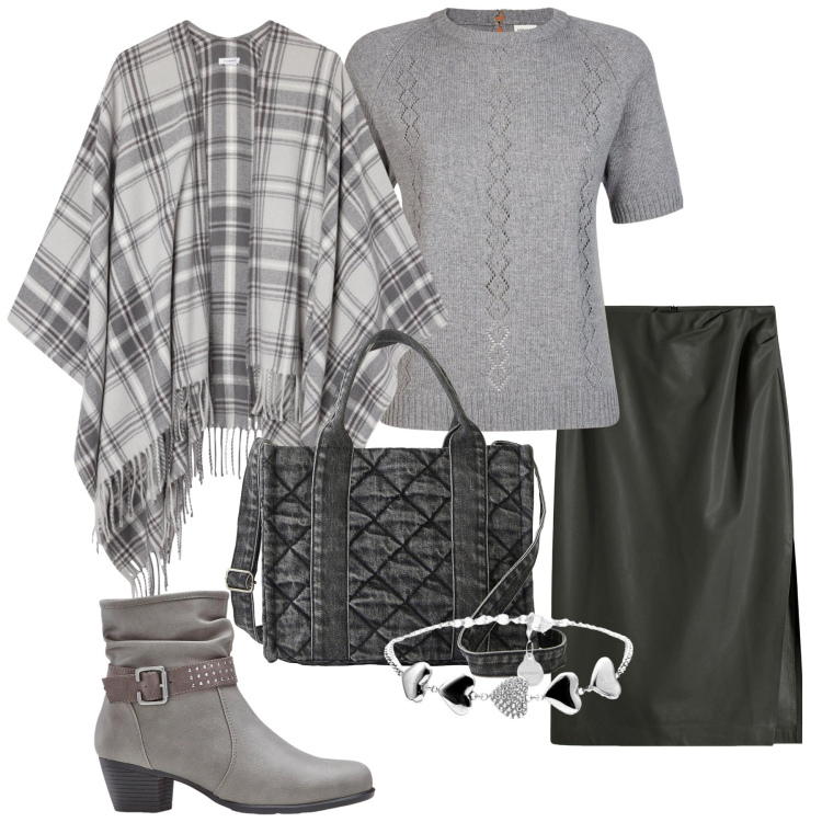 Outfit donna - Il ritorno del grigio. Stile Casual per Ufficio. Abbinamento con stivaletti, borse a mano, gonne longuette, cappotti, braccialetti, maglieria.