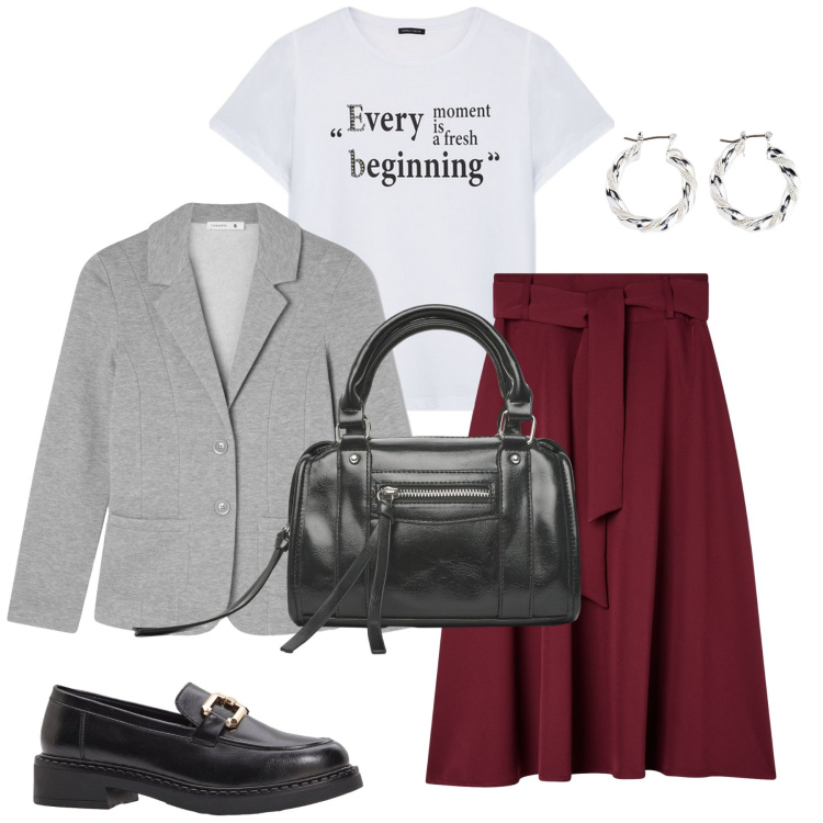Outfit donna - Gonna e mocassini per settembre. Stile Casual per Ufficio. Abbinamento con orecchini, mocassini, gonne lunghe, blazer, borse a mano, t-shirt.
