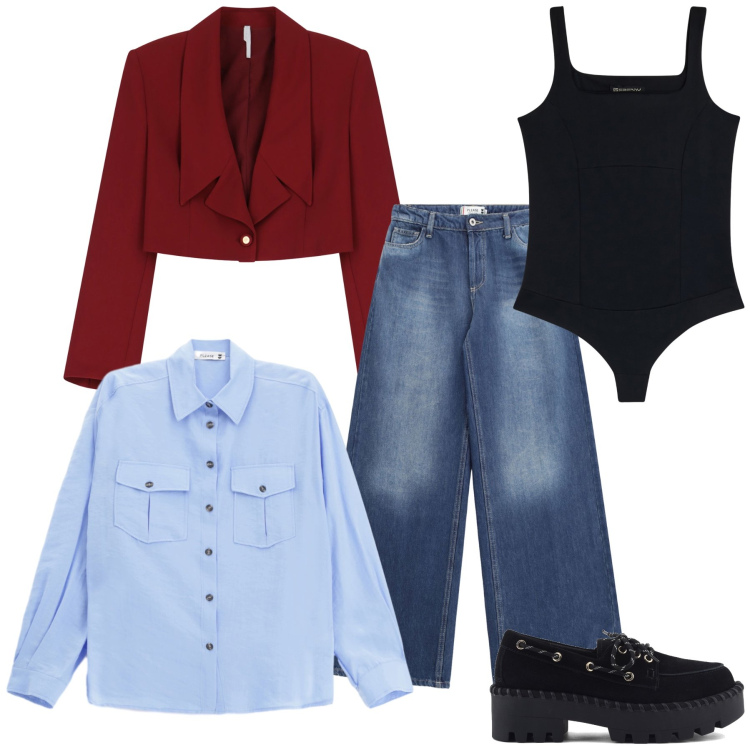Outfit donna - Blazer corto trendy. Stile Trendy per Ufficio. Abbinamento con jeans, camicie, blazer, body, mocassini.