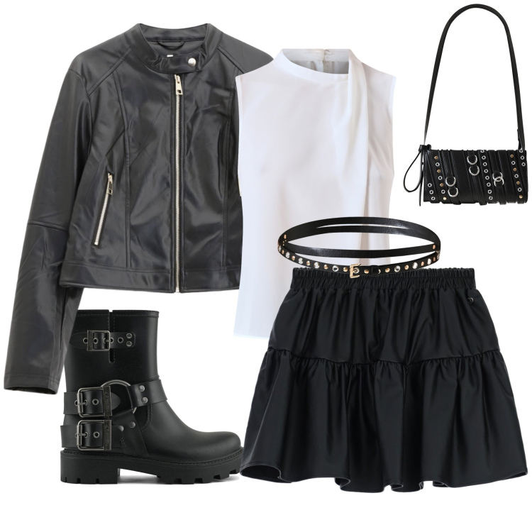 Outfit donna - Domenica rock. Stile Rock per Tutti i giorni. Abbinamento con top, borse a spalla, cinture, minigonne, giacche, stivali.
