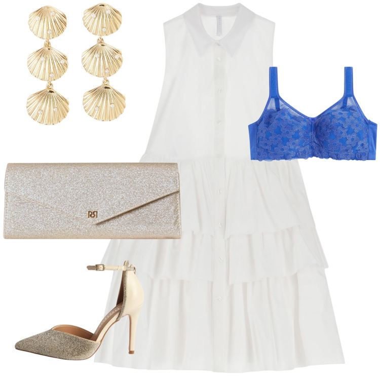 Outfit donna - Qualche cosa di blu per la sposa. Stile Glamour per Cerimonia. Abbinamento con reggiseni, décolleté, orecchini, pochette, vestiti corti.