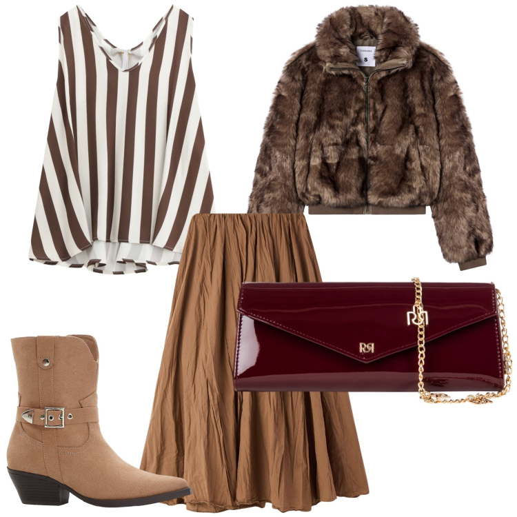 Outfit donna - Cena con l amica. Stile Trendy per Serata fuori. Abbinamento con stivaletti texani, gonne lunghe, ecopellicce, pochette, top.