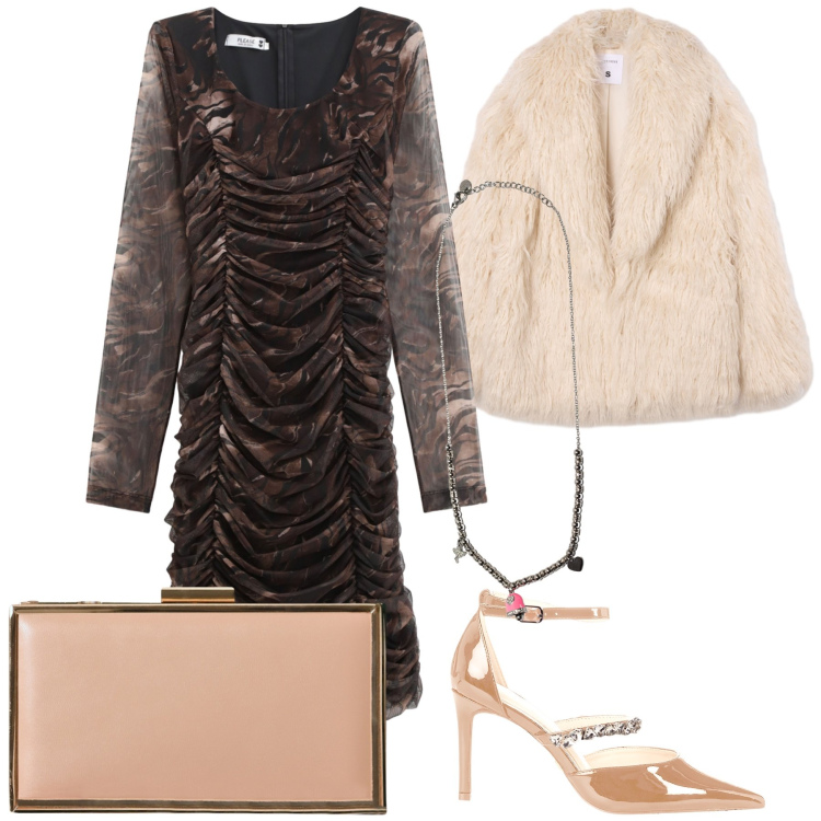 Outfit donna - Soffice cerimonia. Stile Chic per Cerimonia. Abbinamento con ecopellicce, pochette, décolleté, vestiti, ciondoli.